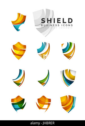 Set of protection shield logo concepts. Color flowing wave design icons on white Stock Photo