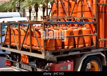 Propane gas bottles on a delivery lorry. Stock Photo