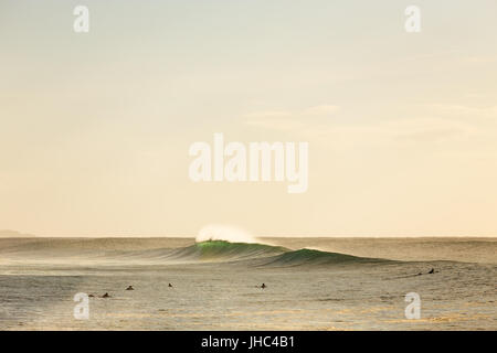 Two wave peaks break in golden morning light around surfers at an Australian beach. Stock Photo