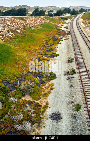 deserted railroad tracks along pacific coastal area leading into the horizon Stock Photo