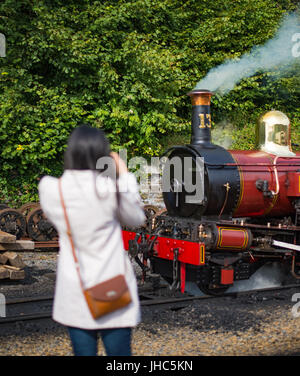 Woman taking photos of steam engine at Douglas Depot Stock Photo