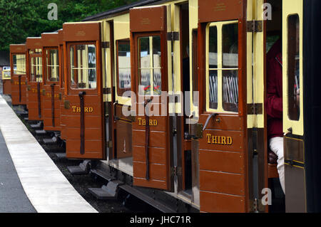 Third Class carriages on platform at Devil's Bridge Station, Vale of Rheidol Railway, near Abertsywyth, Ceredigion, Wales Stock Photo
