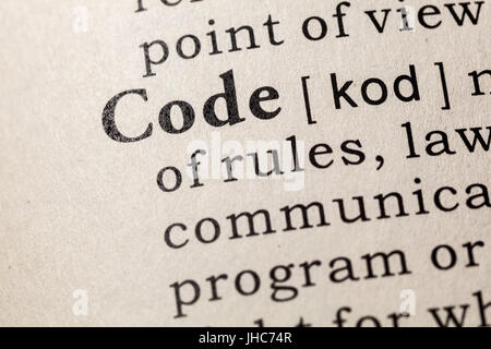 Fake Dictionary, Dictionary definition of the word code. including key descriptive words. Stock Photo