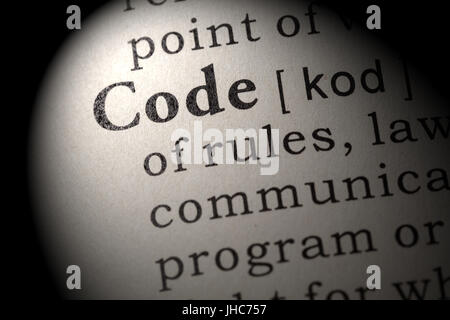 Fake Dictionary, Dictionary definition of the word code. including key descriptive words. Stock Photo