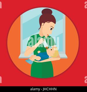 Mother holding and feeding baby with milk bottle Stock Vector
