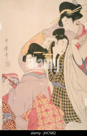 Kitagawa Utamaro I, Japanese - Two Geishas and a Tipsy Client - Stock Photo
