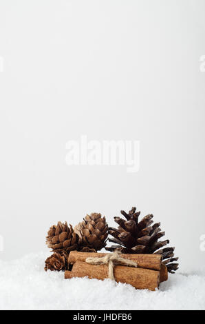 Natural Christmas decorations.  Fir cones and cinnamon stick bundle on artificial snow with copy space above. Stock Photo