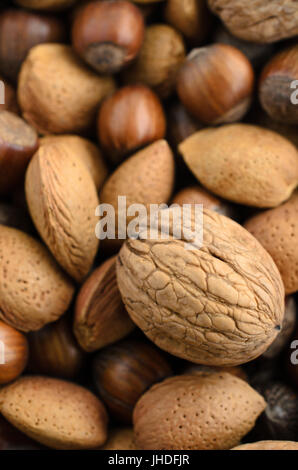 Overhead shot of a selection of mixed nuts, still in their shells. Stock Photo