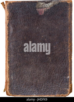 Isolation on white pf a very old, used battered, worn and weathered vintage brown leather book cover with scuffed spine, scratches and marks. Stock Photo