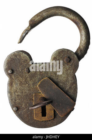 An old opened padlock with key isolated on a white background Stock Photo
