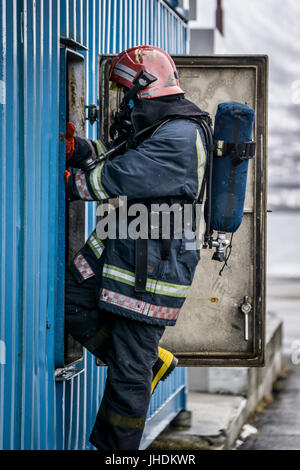 Fire fighting equipment used for fire drills and fire fighting. Stock Photo