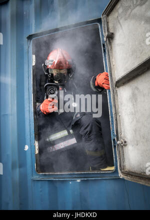 Fire fighting equipment used for fire drills and fire fighting. Stock Photo