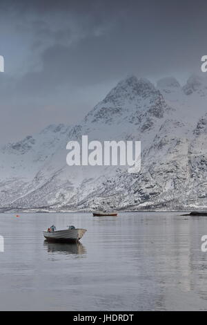 Fishing boats moored to buoys in the Austnesfjorden near Vestpollen village. Snowcapped Stortinden and Durmalsfjellet mountains on background. Central Stock Photo