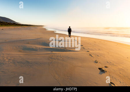 A person walking on a beautiful beach leaves a trail of footprints as the sunrise illuminates mist rising from the sea in golden light. Stock Photo