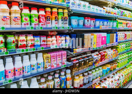 TAIPEI, TAIWAN - JUNE 26: Drink selection in a 7-eleven convenience store in Taiwan. Many 7-eleven store have a similar selection of drinks such as mi Stock Photo