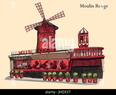 Cabaret Moulin Rouge (Landmark of Paris, France) vector isolated hand drawing illustration colorful image on beige background Stock Vector