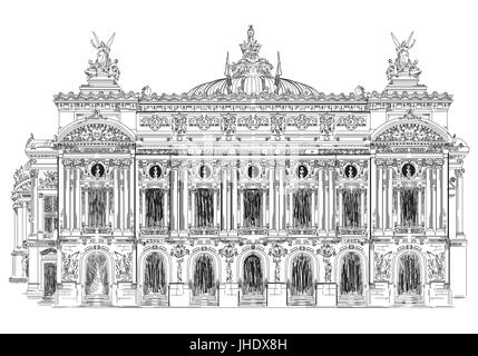 Grand opera, Opera Garnier (Landmark of Paris, France) vector isolated hand drawing illustration in black color on white background Stock Vector