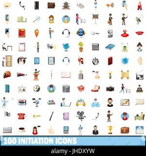 100 initiation icons set, cartoon style Stock Vector
