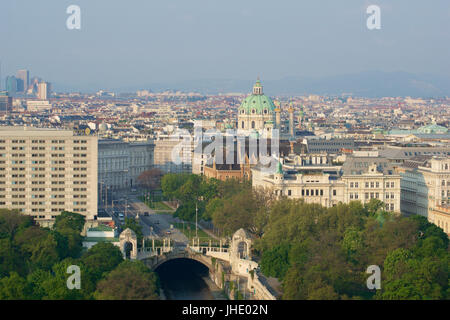 VIENNA, AUSTRIA - APR 29th, 2017: Early morning view of Stadtpark Vienna City Park from the balcony of the Hilton Vienna Hotel. Since year 1862 - biggest park area in the city centre Stock Photo