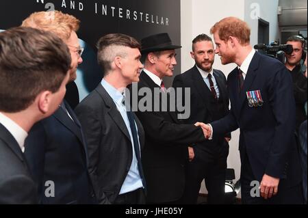 Prince Harry with Barry Keoghan, Sir Kenneth Branagh, Cillian Murphy, Mark Rylance and Tom Hardy as he attends the world premiere of Christopher Nolan's epic Second World War movie Dunkirk at the Odeon Leicester Square in London. Stock Photo