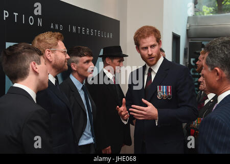 Prince Harry with Barry Keoghan, Sir Kenneth Branagh, Cillian Murphy, Mark Rylance and Tom Hardy as he attends the world premiere of Christopher Nolan's epic Second World War movie Dunkirk at the Odeon Leicester Square in London. Stock Photo