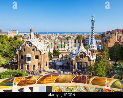 Barcelona Catalunya Park Guell barcelona parc guell barcelona porters lodge casa del guarda tourists Barcelona skyline spain eu europe Catalonia Stock Photo