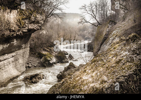 The mountain river flows among the rocks. Adygeya landscape. Travel concept. Stock Photo