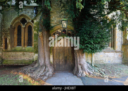 Yew trees and door of St Edward's church, Stow-on-the-Wold, Cotswolds, Gloucestershire, England, United Kingdom, Europe Stock Photo