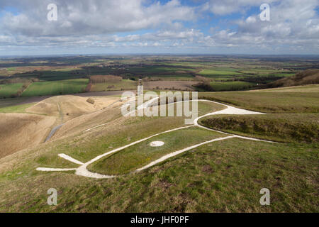 View over Uffington White Horse and Dragon Hill and Oxfordshire countryside, near Wantage, Oxfordshire, England, United Kingdom, Europe Stock Photo