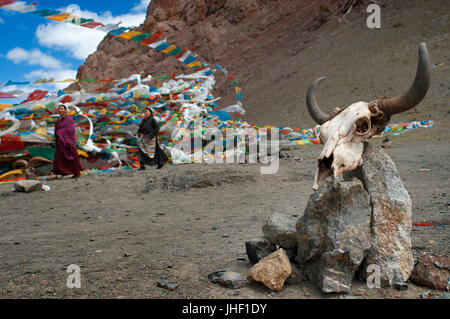 Prayer flags and a yak skull at the entrance of the sacred lake of Nam Tso (4700 m, one of the largest lakes in the world) located in the northern tip Stock Photo