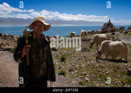 A pilgrim and several Yaks grazing in Nam Tso Lake (Nam Co) in Nyainqentanglha mountains, Tibet. Stock Photo