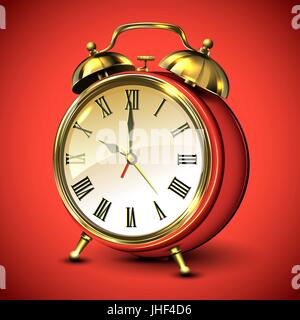 Red retro style alarm clock on red background. Stock Vector