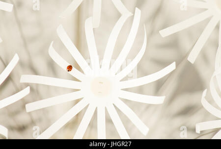 Close up of a red ladybug on a plastic chandelier that looks like flowers. Stock Photo