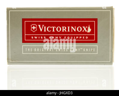 Winneconne, WI - 12 July 2017: A Swiss Army knife box on an isolated background. Stock Photo