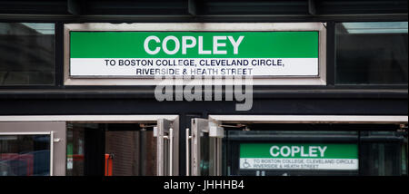 green entrance signs at Copley subway station in Boston Stock Photo