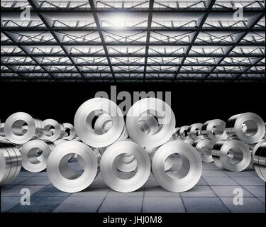 3d rendering heap of roll of steel sheets in factory Stock Photo