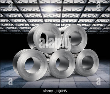 3d rendering heap of roll of steel sheets in factory Stock Photo