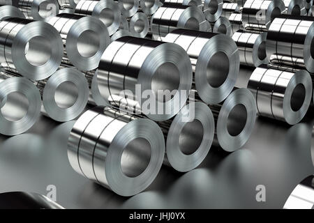 3d rendering heap of roll of steel sheets in factory Stock Photo