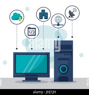 color background with desktop computer in closeup and network storage icons on top Stock Vector