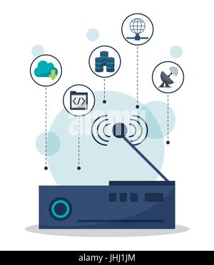 color background with wireless router in closeup and network communication icons on top Stock Vector