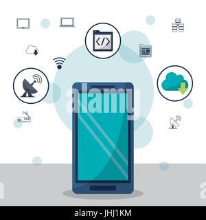 color background with smartphone in closeup and networking icons on top Stock Vector