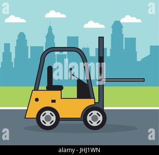 colorful background with forklift on the outskirts of the city Stock Vector