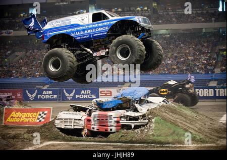 Driver Damon Bradshaw in the Air Force Afterburner monster truck soars through the air during the Monster Jam in the Alamodome January 11, 2009 in San Antonio, Texas. (photo by Lance Cheung  via Planetpix) Stock Photo