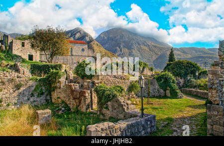 medieval town ruins in mountains of Bar city, Montenegro Stock Photo