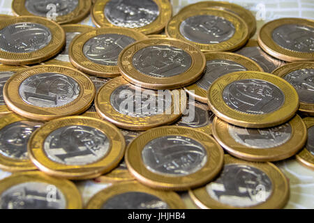 Brazilian currency - One Real coins Stock Photo