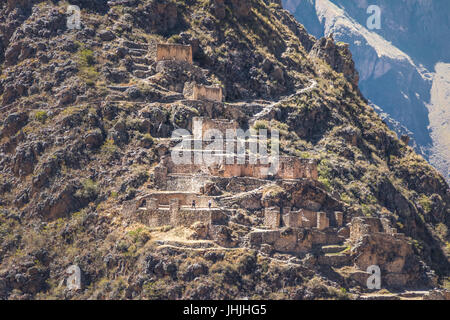 Pinkuylluna Inca Storehouses ruins near Ollantaytambo - Ollantaytambo, Sacred Valley, Peru Stock Photo