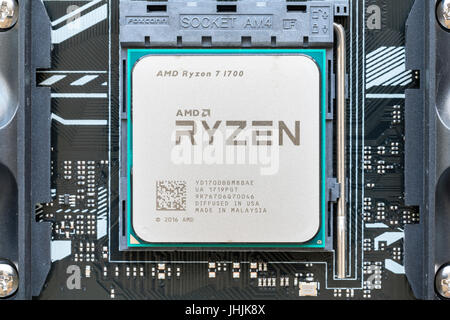 Close-up of AMD Ryzen 7 1700 CPU on motherboard Stock Photo