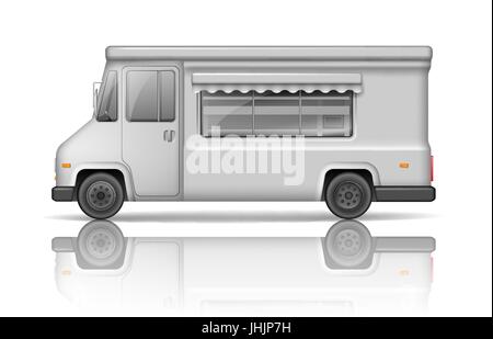 Realistic Food Truck isolated on white. Fast food or ice cream Van template for Mock Up for your design and transport advertising. White Service Delivery Truck blank surface Stock Vector
