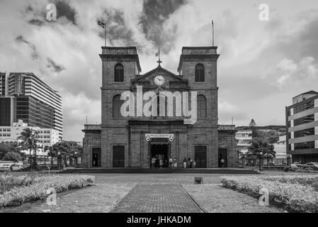 Port Louis, Mauritius - December 25, 2015: Exterior of the church of Immaculate Conception (Cathedral of St. Louis) in Port Louis, Mauritius. Black an Stock Photo