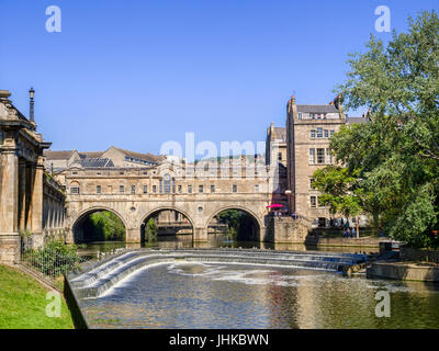 5 July 2017: Bath, Somerset, England - Pulteney Bridge and Weir on the River Avon in Bath, Somerset. Stock Photo